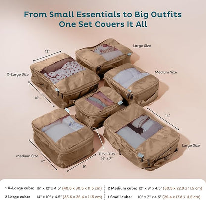 6-Pack Large Compression Packing Cubes for Travel - Lightweight Compression Packing Cube Set, Water-Resistant Luggage Organizer Bags & Suitcase Organizers, Travel Cubes for Carry-On, Checked Luggage