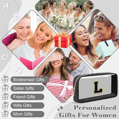 Personalized Initial Letter Clear Makeup Bag,Preppy Small Nylon&PVC Cosmetic Zipper Bag with Chenille Letter,Travel Skincare Toiletry Bag,Monogram Christmas Gift for Teen Girls Women,L