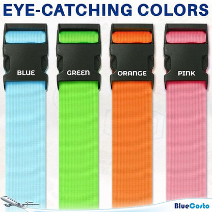 Luggage Straps for Suitcases - TSA Approved - Mixed Colors, 4 PK - Premium Nylon Belts for Suitcase, Briefcase & Travel Bag - Adjustable Strap Length 46" - 78"