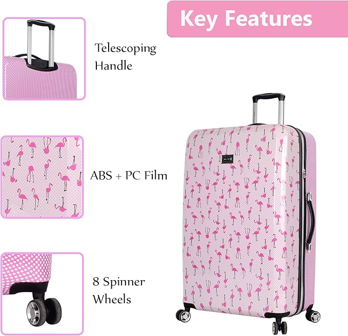 Betsey Johnson 26 Inch Checked Luggage Collection - Expandable Scratch Resistant (ABS + PC) Hardside Suitcase - Designer Lightweight Bag with 8-Rolling Spinner Wheels (Flamingo Strut)