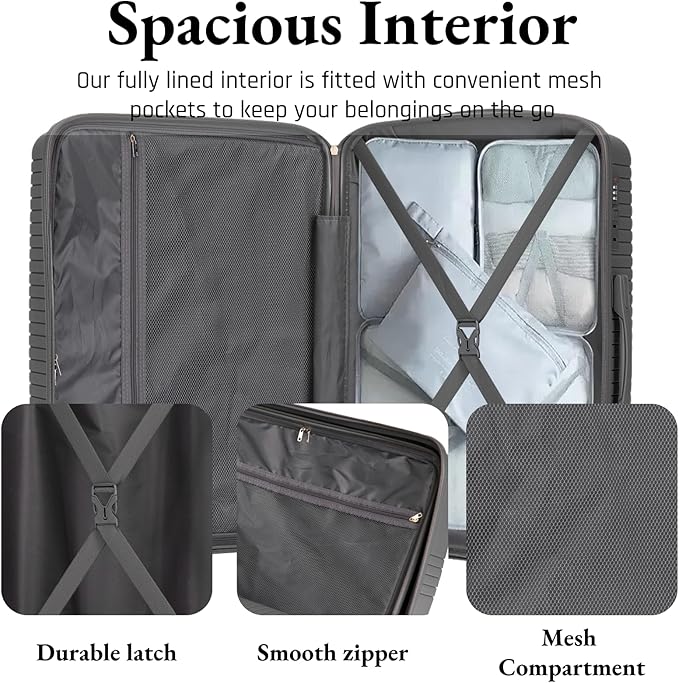 3-Piece PP Hard Shell Spinner Luggage Set (20" 24" 28") with Combination Lock, Adjustable Pull Rod Suitcases,Silver Grey