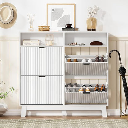 Shoe Cabinet Storage for Entryway with 4 Flip Drawers, Fluted Narrow Shoe Organizer with Wooden Legs & Top Cubby, Freestanding Slim Shoe Storage Hidden Shoe Rack for Front Door Entrance, White