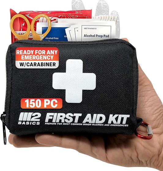 M2 BASICS Premium 150-Piece Mini Emergency First Aid Kit for Car, Backpack, Travel & Outdoors – Compact Medical Supplies for Camping, Hiking & Home