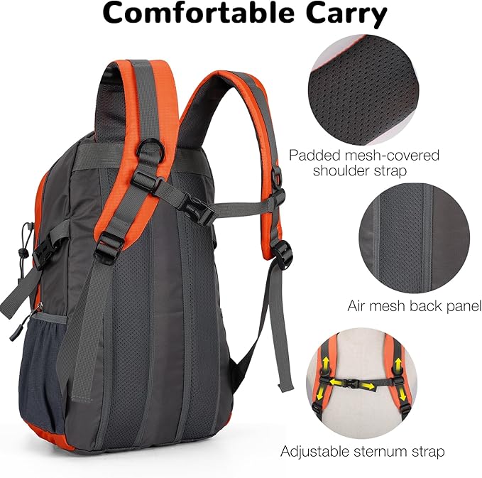 25L Small Hiking Backpack Daypack for Men Women, Waterproof Outdoor Backpack with Chest Strap for Camping, Orange
