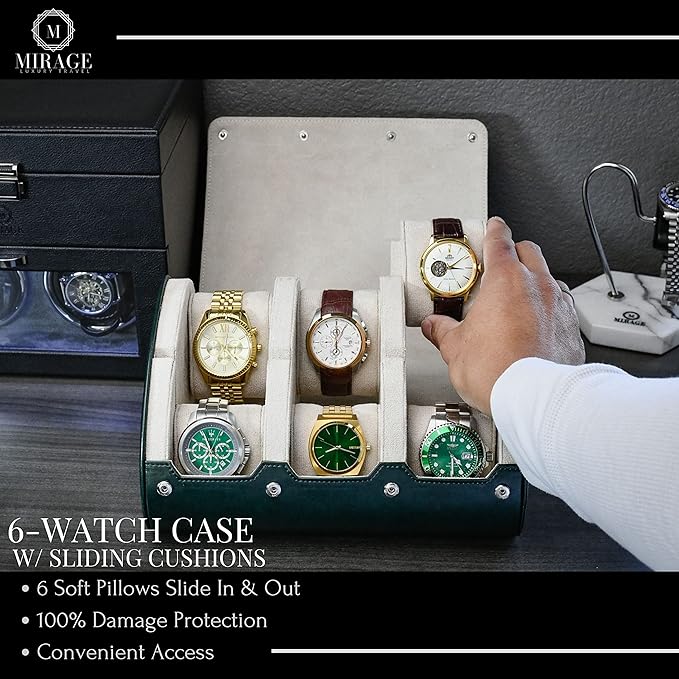 M Mirage Luxury Travel 6 watch display case organizer - Royal Green & Ivory White