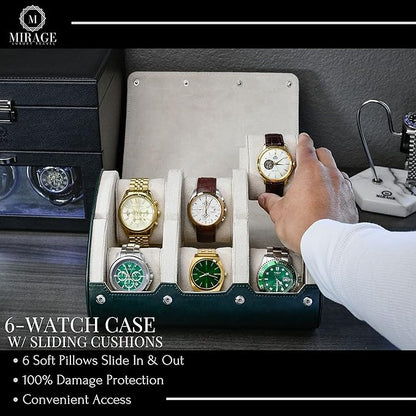 M Mirage Luxury Travel 6 watch display case organizer - Royal Green & Ivory White