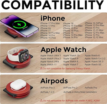 Hicober 3 in 1 Wireless Charging Station for Apple Watch and iPhone Air 17 16 15 14 13 12 Pro Max/Plus, Magnetic Foldable Wireless Travel Charger Station Stand for Airpods iWatch All Series Dark Red
