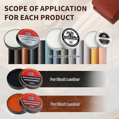 IKI Shoe Polish & Shine Kit - 12 PCS Leather Boot Care Kit with Shoe Polish, Saddle Soap, Mink Oil, Shoe Shine Sponge, Horsehair Shoe Brush, Suede Cloth, Shoe Horn & Storage Bag – Gift for Men & Women