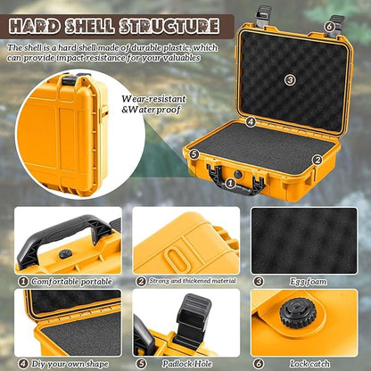 1 Pcs 11.3 x 8.7 x 4.2 Inch Waterproof Hard Case with DIY Customizable Foam Insert Portable Protective Case with Knife for Camera Drones Equipments Tools Test Instruments (Yellow)