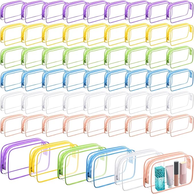 Cunno 60 Pcs Clear Toiletry Bag TSA Approved Cosmetic Bag Bulk Makeup Bag Travel Carry Airport Airline Compliant Bag for Women Men Summer Vacation Salon Mother Gift(Multicolor)