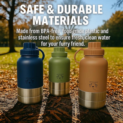 Love Wag & Play Dog Water Bottle Portable – 2 in 1 Stainless Steel Bowl for Food, Water – Leakproof Portable Water Bowl for Dog with Carry Loop – Detachable Design – Ideal for Kibble, Treats – Beige