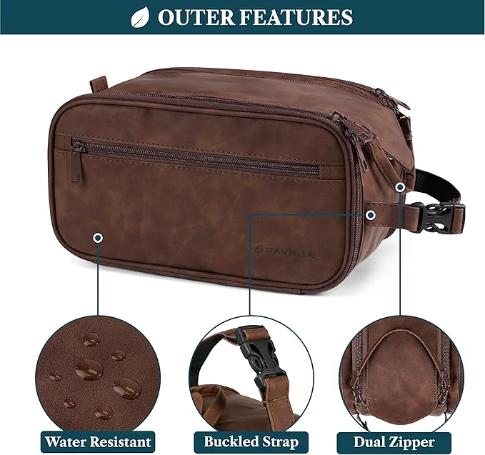 PAVILIA Toiletry Bag for Men Women, Mens Travel Bag Toiletries Organizer Case for Grooming, Travel Essentials Shaving Dopp Kit, PU Leather Water Resistant Cosmetic Pouch, Dark Brown