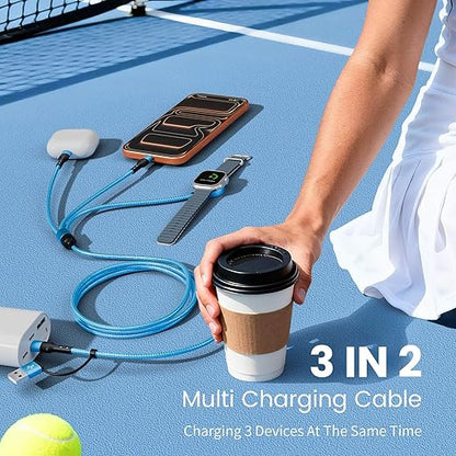 Stocking Stuffers, 3 in 2 USB A/C Cable to iPhone 17 Charger/Apple Watch Charger/Lightning, Braided Multi Charging Cable Cord, RV Camping Essentials, Designed for iWatch Series & iPhone17-11/iPad-5FT