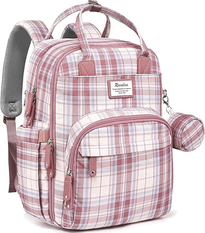 RUVALINO Diaper Bag Backpack, Multifunction Travel Pack Maternity Baby Changing Bags, Large Capacity, Waterproof, Pink Plaid