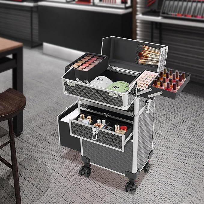 Makeup Train Case With 360° Rotation Wheels Multi-Functional Cosmetic Trolley with Drawer Large Storage Traveling Cart Trunk Black for Nail Technicians Hairstylist
