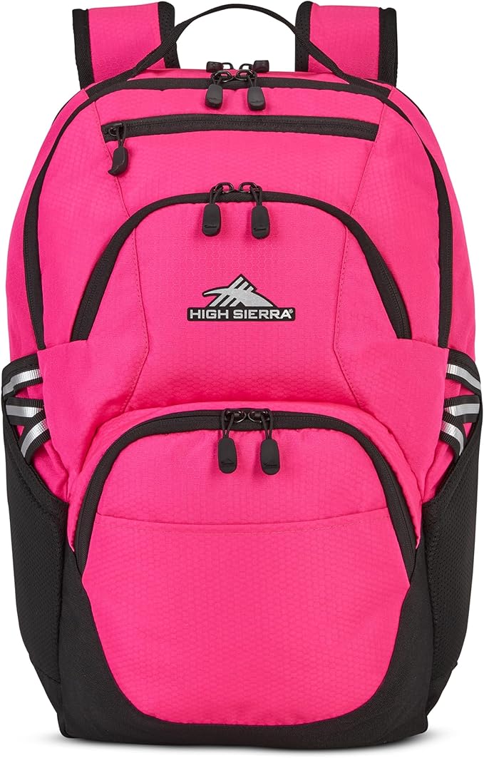 High Sierra Swoop Backpack, Lightweight Bookbag, Large Main Compartment + External Accessory Pockets, Separate Laptop Pocket, Dual Water Bottle Pockets, Fits most 17” Laptops, 30L Capacity, Flamingo