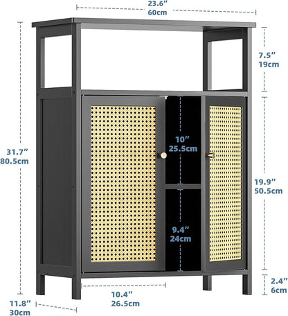 HITNET Bamboo Floor Cabinet, Bathroom Storage Cabinet with 2 Rattan Doors and Shelves, Space Saving Freestanding Kitchen Cupboard, Black