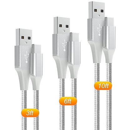 USB-C Cable 3A Fast Charging, 3-Pack (10ft+6ft+3ft) USB A to Type C Charge Nylon Braided Cord for Type-C Devices - White