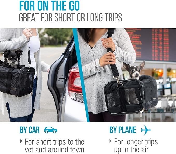 Sherpa Pet Carrier Airline Approved with Spring Wire Frame - Cat Carrier and Dog Carriers for Airline Travel and Vet Visits, Mesh Ventilation, Locking Zippers - Charcoal Grey, Large