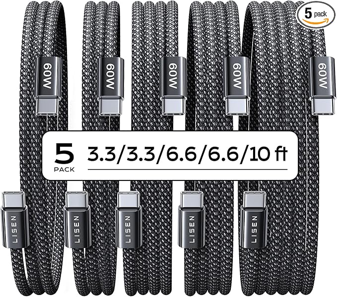 LISEN USB C to USB C Cable, 5-Pack [3.3/3.3/6.6/6.6/10FT] for iPhone 17 Charger Cord, 60W C to C Cable Fast Charging for iPad, iPhone 17 Air 16 15 Pro Max, Samsung Z Flip 7/S25/S24 USBC to USBC Cable