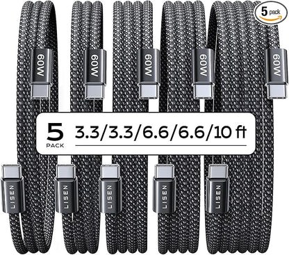 LISEN USB C to USB C Cable, 5-Pack [3.3/3.3/6.6/6.6/10FT] for iPhone 17 Charger Cord, 60W C to C Cable Fast Charging for iPad, iPhone 17 Air 16 15 Pro Max, Samsung Z Flip 7/S25/S24 USBC to USBC Cable