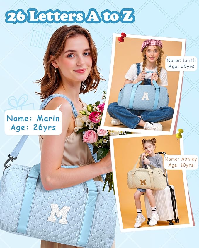Initial Travel Duffle Bag Women Girls Gift: Personalized Weekender bags, Dance Cheer bag Sports for Girl, Kid Gymnastics Bags, Birthday Gifts for Women Girls Kids Teens Mom Teacher