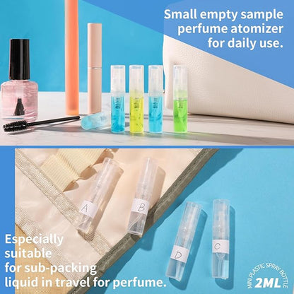 Fandamei Mini Spray Bottle, 60PCS 2ml Mini Clear Plastic Spray Bottle Empty, Fine Mist Refillable Mini Perfume Bottle. Small Empty Sample Containers Bottle. 2ml, 60 Pack, Clear, FANL-093