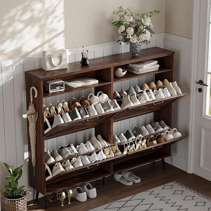 Shoe Storage Cabinet with 4 Flip Drawers Narrow Shoe Rack Cabinet Farmhouse Design Freestanding Shoe Organizer with Open Storage for Entryway,Hallway,Foyer,Walnut