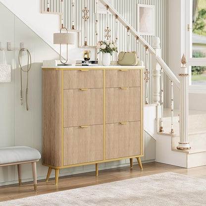 Fluted Shoe Cabinet Storage, Modern Slim Shoe Organizer Cabinet with 4 Flip Drawers & 2 Drawers, Wooden Freestanding Shoe Rack Cabinets for Entryway, Foyer, Hallway, Natural Oak
