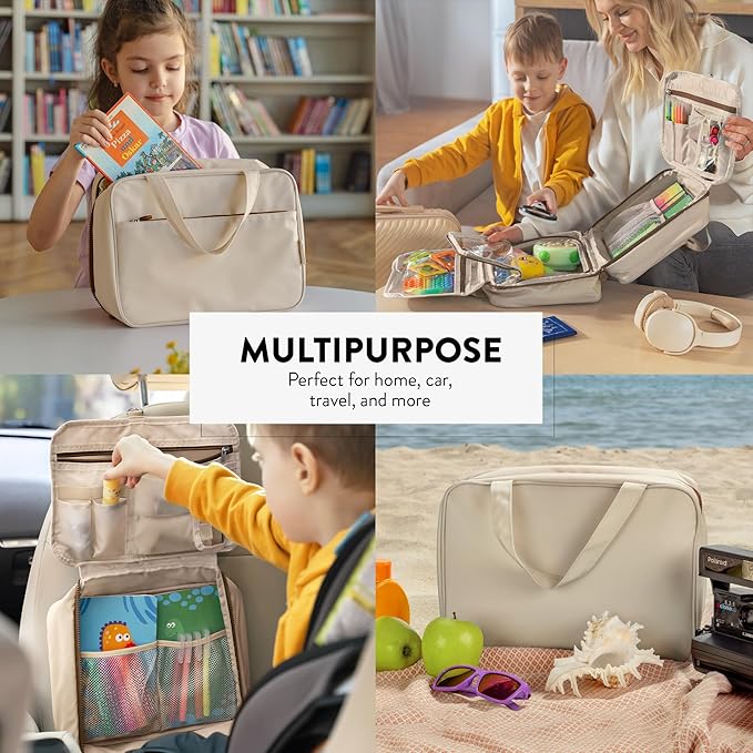 Kids Travel Organizer – Multi-Compartment, Water-Resistant Hanging Bag for Toys, Snacks, & Activities - Compact, Lightweight Design with Hook & Carry Handle - Perfect for Travel Use (Beige, Large)