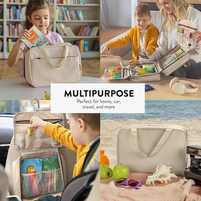 Kids Travel Organizer – Multi-Compartment, Water-Resistant Hanging Bag for Toys, Snacks, & Activities - Compact, Lightweight Design with Hook & Carry Handle - Perfect for Travel Use (Beige, Large)