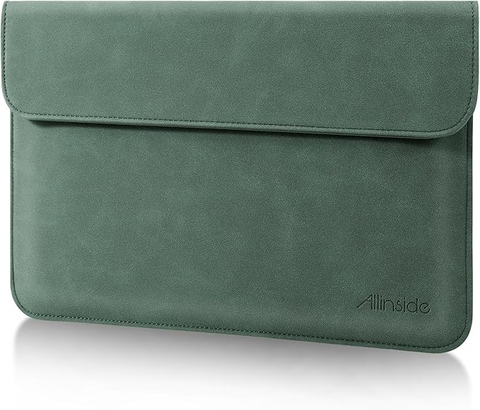 Allinside 13 Inch Laptop Sleeve Case for MacBook Air 13 2018-2025/MacBook Pro 13 2016-2022/Macbook Pro 14 2021-2024, Waterproof Matte PU Leather Horizontal Envelope Protective Case Cover, Dark Green
