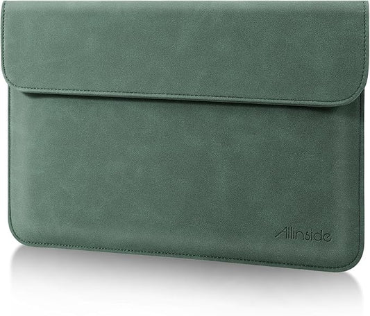 Allinside 13 Inch Laptop Sleeve Case for MacBook Air 13 2018-2025/MacBook Pro 13 2016-2022/Macbook Pro 14 2021-2024, Waterproof Matte PU Leather Horizontal Envelope Protective Case Cover, Dark Green