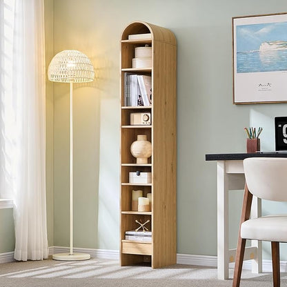 67" Tall Arched Bathroom Storage Cabinet, 8-Tier Modern Farmhouse Storage Cabinet with Adjustable Shelves, Wood Freestanding Cabinet for Bathroom, Living Room, Entryway, Hallway (Natural)