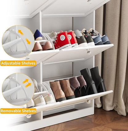 VOWNER Large Shoe Storage Cabinet with 6 Flip Drawers, Freestanding Shoe Organizer with Open Storage & Crystal Handle, Slim Narrow Shoe Rack Cabinet for Entryway, Foyer, Hallway, White