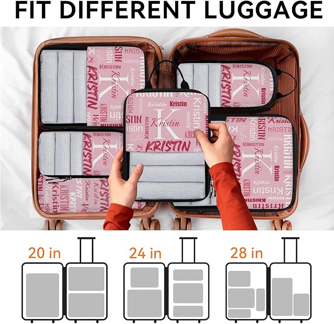 Personalized 6 Set Compression Packing Cubes for Travel Essentials with Name Initial Customized Lightweight Carry on Expandable Luggage Organizer Bags for Women and Men, Pink
