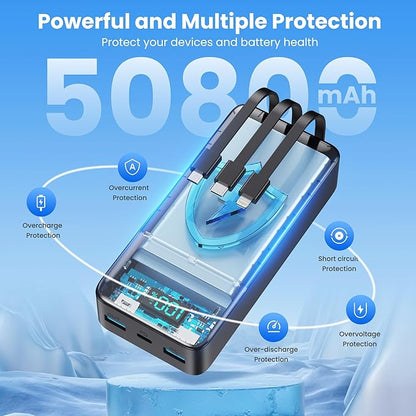Portable Charger 50,800mAh Power Bank, 25W PD QC 4.0 Fast Charging Portable Phone Charger with Built-in Cables,Travel Camping Essential USB C Battery Pack for iPhone 16/15/14/13/12,Android Galaxy etc