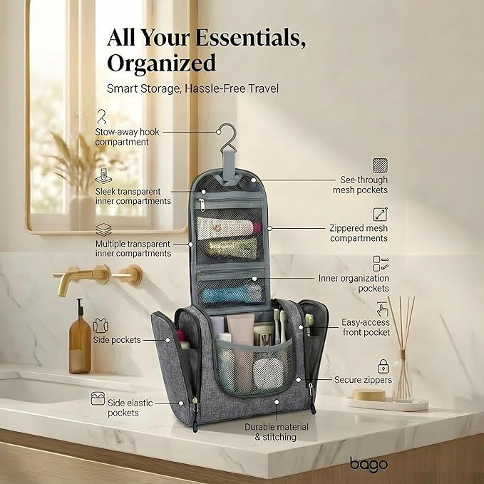 Bago Travel Toiletry Bag for Women and Men - Large Waterproof Hanging Toiletry Bag for Bathroom and Travel Bag for Toiletries Organizer (Snow Black)