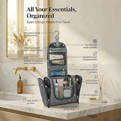 Bago Travel Toiletry Bag for Women and Men - Large Waterproof Hanging Toiletry Bag for Bathroom and Travel Bag for Toiletries Organizer (Snow Black)
