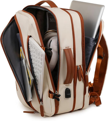 Travel Laptop Backpack for Men Women, Airline Approved Personal carry on Backpack with USB Charging Port,35L Large Water Resistant Durable anti theft Capacity Student Bag Fits 15.6 Inch Notebook,Cream