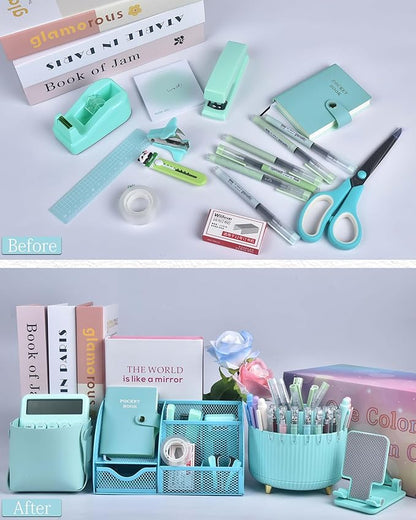 Green and Blue Desk Organizers and Accessories With Mesh Desk Organizer and 360°Rotating Pen Holder and a Lot of Office Green Office Supplies Beautifully Presented in a Gift Box Christmas Gifts