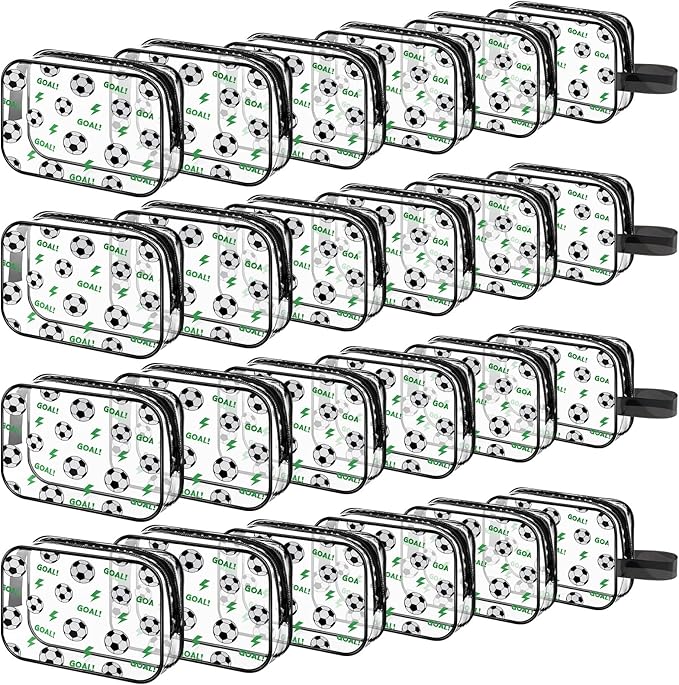 24 PCS Soccer Gift Accessories Bags Soccer Cosmetic Bags Goodie Snack Makeup Pouch Bag Waterproof Clear PVC Travel Bag with Zipper for Girls Team Gifts Valentine Player Sport Party Favors