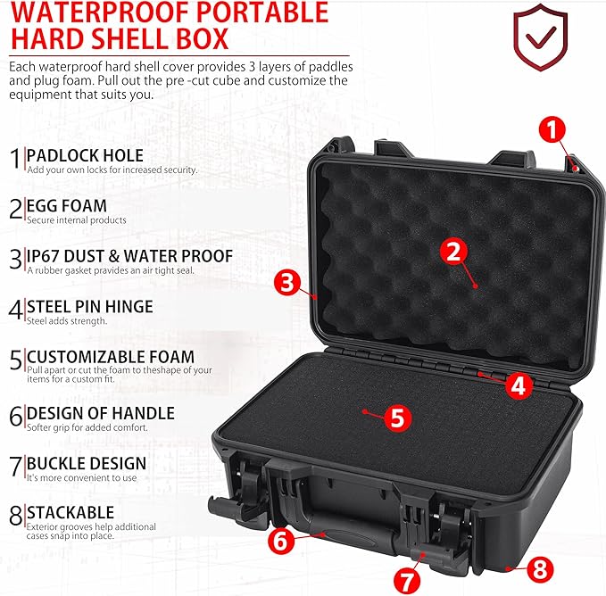 Hard Case with IP67 Waterproof Shockproof Tool Box for Microphone, Drones, Camera, Equipments, Portable Storage Case, 14 x 10.6 x 6.3 Inch