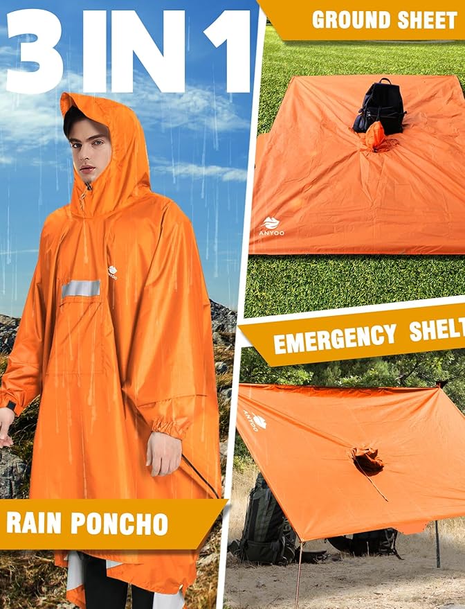 ANYOO Hooded Rain Poncho for Adults Waterproof Lightweight Rain Coat for Men Women Reusable Rain Jacket for Emergency Outdoor