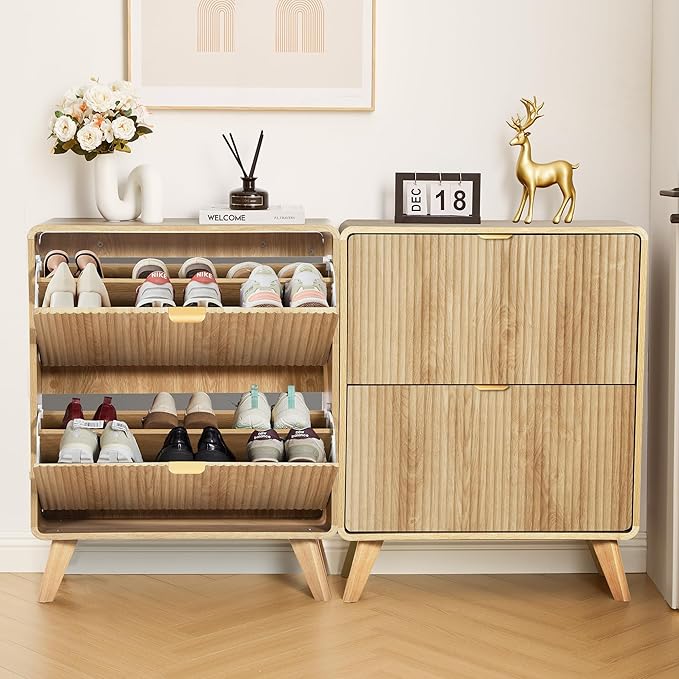 RARZOE Set of 2 Fluted Shoe Storage Cabinets for Entryway, Narrow Curved Shoe Cabinet with 2 Flip Drawers, Freestanding Wood Hidden Shoe Organizer Closed Shoe Rack Cabinet for Foyer,Hallway (Natural)