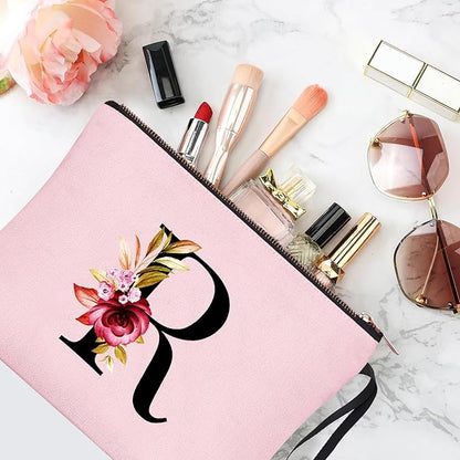 Vavabox A-Z Personalized Makeup Bag, Birthday Gifts for Women Mom, Gifts for Best Friend, Bride Bridesmaid Cosmetic bag (R, Pink)