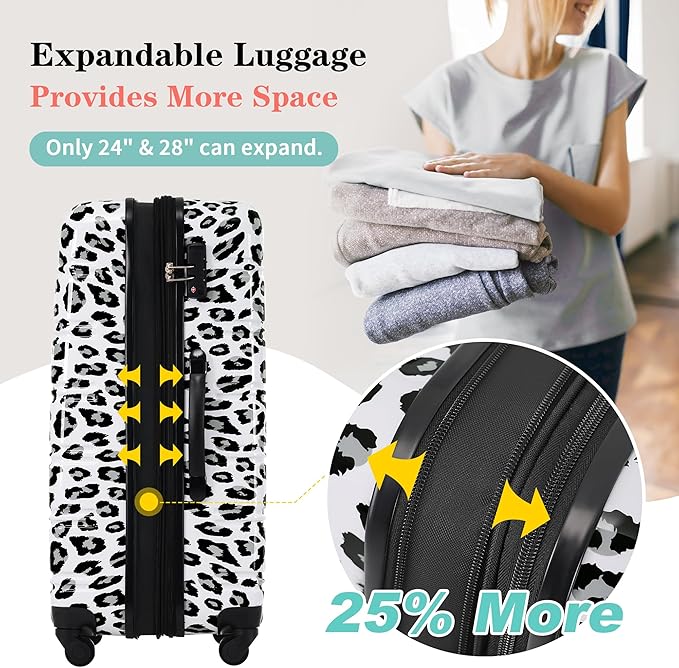 Merax Suitcase Set, Hardshell Luggage Sets 3 Piece with Spinner Wheels, Expandable Durable Suitcase with TSA Lock Lightweight 20" 24" 28", White+Black Leopard