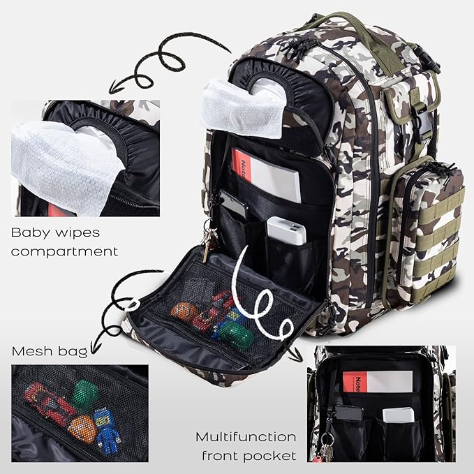 Dinictis Dad Diaper Bag, Mens Diaper Bag Backpack with Diaper Changing Mat, Military Diaper Backpack with Molle Webbing, Waterproof Pouch, Baby Wipes pocket, Insulated Bottle Pockets- Camo