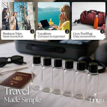 unigo Travel Bottles for Toiletries,TSA Approved Silicone Travel Containers for Toiletries, Plastic Bottles, Leak Proof Refillable Bottles, Shampoo (Transparent, 6-Pack Plastic Bottles Set (100ml))