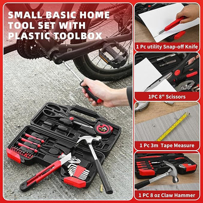 39 Piece Home Tool Kit General Household Hand Tool Set small tool box with Toolbox Storage Case for Everyday Home Repairs, Mini Tool kit for Women (Red)